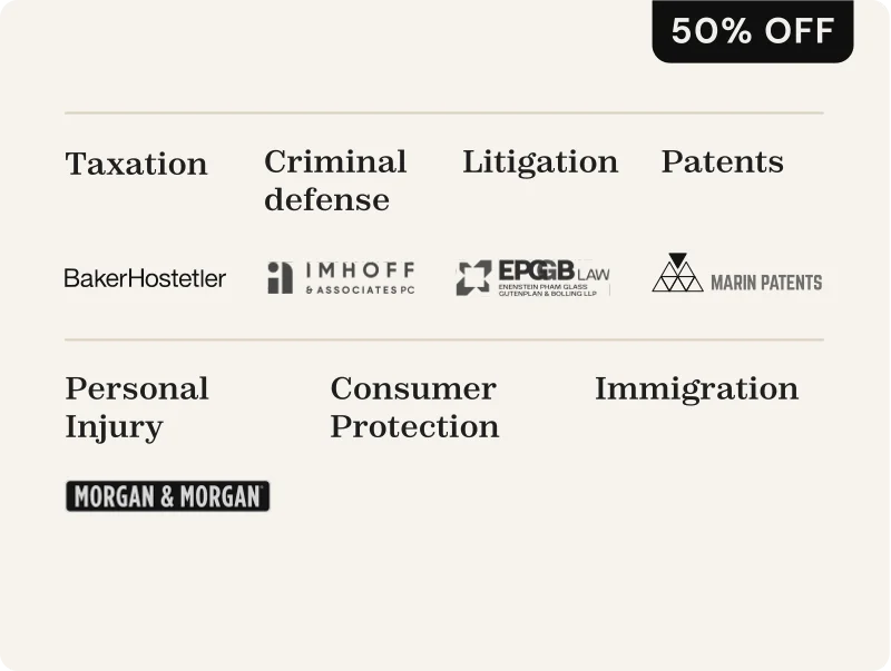 Practice areas grid showing taxation, criminal defense, litigation, patents, consumer protection, personal injury, and immigration